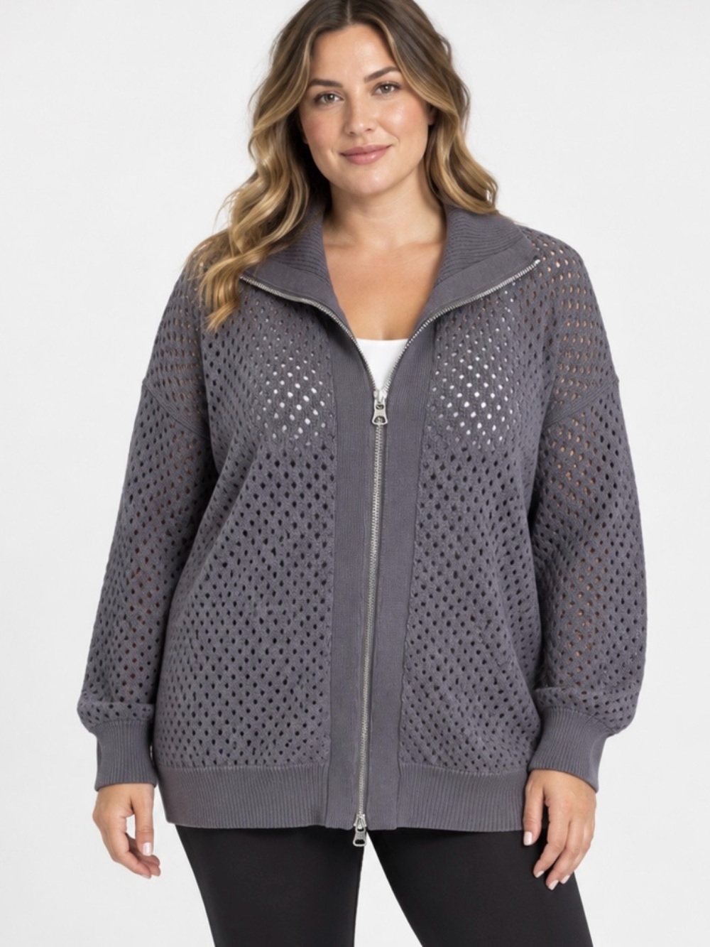 Varley Open-Knit Zip Cardigan in Gray w/purple undertones NWOT Cotton